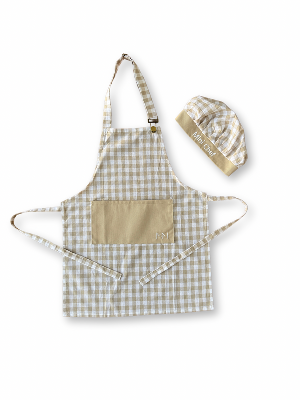 Kids 'Mini Chef' Apron & Hat - Gingham Beige