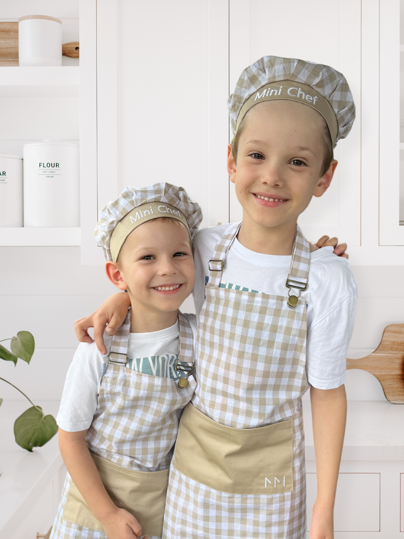 Kids 'Mini Chef' Apron & Hat - Gingham Beige